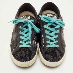 Pre Owned Golden Goose Superstar Size 37 Black Sequins and Leather Low Top Sneakers