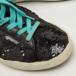 Pre Owned Golden Goose Superstar Size 37 Black Sequins and Leather Low Top Sneakers