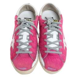 Pre Owned Golden Goose Pink Pony Hair And White Leather Low Top Sneaker Size 40