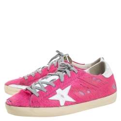 Pre Owned Golden Goose Pink Pony Hair And White Leather Low Top Sneaker Size 40