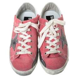 Pre Owned Golden Goose Pink Canvas and Leather Distressed Low Top Sneakers Size 37