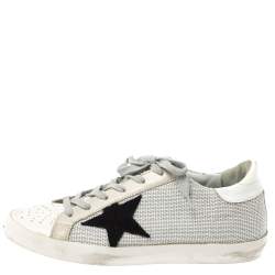Pre Owned Golden Goose White Leather And Grey Knit Fabric Superstar Sneakers Size 37