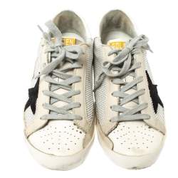 Pre Owned Golden Goose White Leather And Grey Knit Fabric Superstar Sneakers Size 37