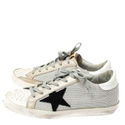 Pre Owned Golden Goose White Leather And Grey Knit Fabric Superstar Sneakers Size 37