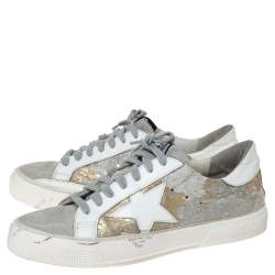 Pre Owned Golden Goose White/Grey Distressed Suede And Metallic Pony Hair May Lace Up Sneakers Size 38