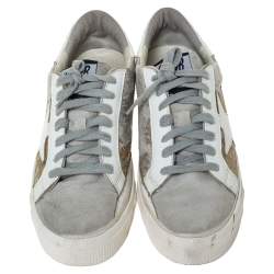 Pre Owned Golden Goose White/Grey Distressed Suede And Metallic Pony Hair May Lace Up Sneakers Size 38