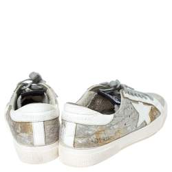 Pre Owned Golden Goose White/Grey Distressed Suede And Metallic Pony Hair May Lace Up Sneakers Size 38
