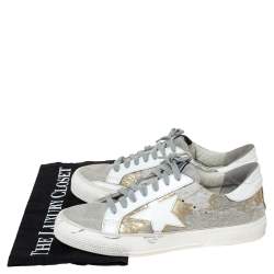 Pre Owned Golden Goose White/Grey Distressed Suede And Metallic Pony Hair May Lace Up Sneakers Size 38