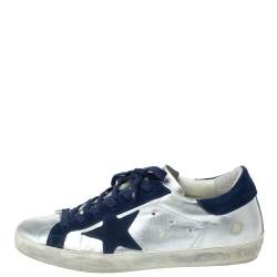 Pre Owned Golden Goose Deluxe Brand Silver Leather And Blue Suede Star Sneakers Size 38
