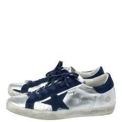 Pre Owned Golden Goose Deluxe Brand Silver Leather And Blue Suede Star Sneakers Size 38