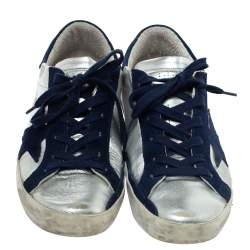 Pre Owned Golden Goose Deluxe Brand Silver Leather And Blue Suede Star Sneakers Size 38