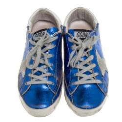 Pre Owned Golden Goose Metallic Blue Leather and Grey Suede Superstar Lace Up Sneakers Size 38