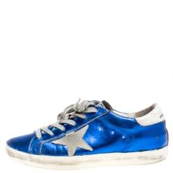 Pre Owned Golden Goose Metallic Blue Leather and Grey Suede Superstar Lace Up Sneakers Size 38