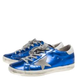 Pre Owned Golden Goose Metallic Blue Leather and Grey Suede Superstar Lace Up Sneakers Size 38