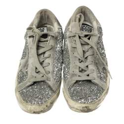 Pre Owned Golden Goose Silver Glitter and Suede Superstar Lace Up Sneakers Size 38