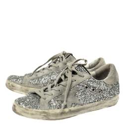 Pre Owned Golden Goose Silver Glitter and Suede Superstar Lace Up Sneakers Size 38