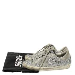 Pre Owned Golden Goose Silver Glitter and Suede Superstar Lace Up Sneakers Size 38