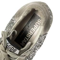 Pre Owned Golden Goose Silver Glitter and Suede Superstar Lace Up Sneakers Size 38