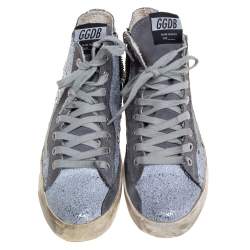 Pre Owned Golden Goose Silver/Grey Glitter And Suede High Top Sneakers Size 36