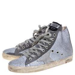Pre Owned Golden Goose Silver/Grey Glitter And Suede High Top Sneakers Size 36