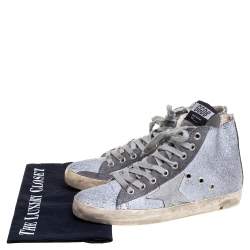 Pre Owned Golden Goose Silver/Grey Glitter And Suede High Top Sneakers Size 36