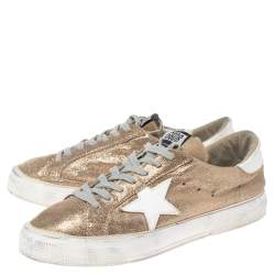 Pre Owned Golden Goose Gold/White Glitter And Leather Superstar Low Top Sneakers Size 40