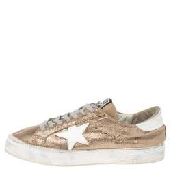 Pre Owned Golden Goose Gold/White Glitter And Leather Superstar Low Top Sneakers Size 40