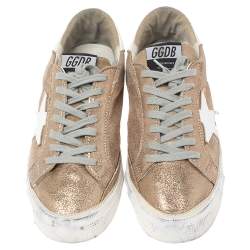 Pre Owned Golden Goose Gold/White Glitter And Leather Superstar Low Top Sneakers Size 40