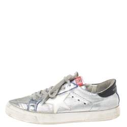 Pre Owned Golden Goose Silver/White Leather Star Applique Low Top Sneakers Size 39