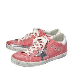 Pre Owned Golden Goose Pink Denim And Metallic Silver Star Applique Low Top Sneakers Size 38