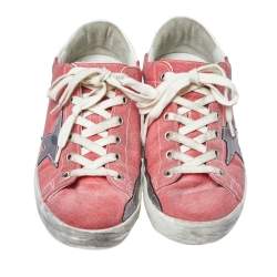 Pre Owned Golden Goose Pink Denim And Metallic Silver Star Applique Low Top Sneakers Size 38