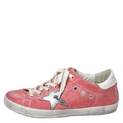 Pre Owned Golden Goose Pink Denim And Metallic Silver Star Applique Low Top Sneakers Size 38