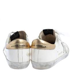 Pre Owned Golden Goose White/Gold Leather Superstar Low Top Sneakers Size 39