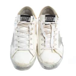 Pre Owned Golden Goose White/Gold Leather Superstar Low Top Sneakers Size 39