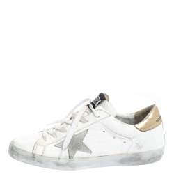 Pre Owned Golden Goose White/Gold Leather Superstar Low Top Sneakers Size 39