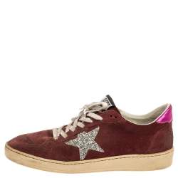 Pre Owned Golden Goose Burgundy Suede Leather And Glitter Ball Star Lace Up Sneakers Size 40
