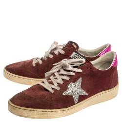 Pre Owned Golden Goose Burgundy Suede Leather And Glitter Ball Star Lace Up Sneakers Size 40