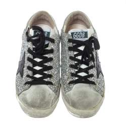 Pre Owned Golden Goose Silver Glitter And Suede Superstar Low Top Sneakers Size 39