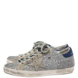 Pre Owned Golden Goose Silver Suede And Glitter Super-Star Sneakers Size 38