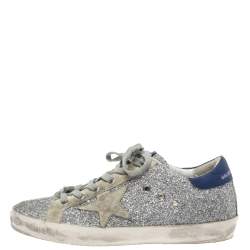 Pre Owned Golden Goose Silver Suede And Glitter Super-Star Sneakers Size 38