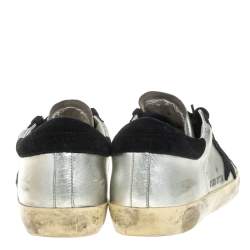 Pre Owned Golden Goose Silver/Black Leather and Suede Superstar Lace Up Sneakers Size 36