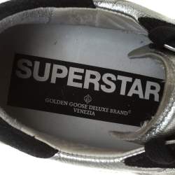 Pre Owned Golden Goose Silver/Black Leather and Suede Superstar Lace Up Sneakers Size 36
