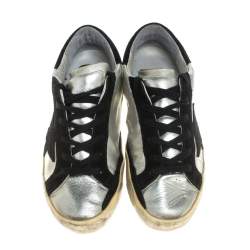 Pre Owned Golden Goose Silver/Black Leather and Suede Superstar Lace Up Sneakers Size 36