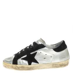 Pre Owned Golden Goose Silver/Black Leather and Suede Superstar Lace Up Sneakers Size 36