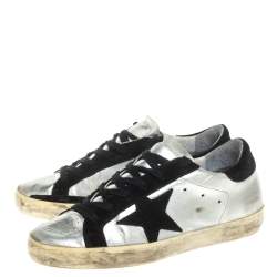 Pre Owned Golden Goose Silver/Black Leather and Suede Superstar Lace Up Sneakers Size 36