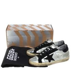 Pre Owned Golden Goose Silver/Black Leather and Suede Superstar Lace Up Sneakers Size 36