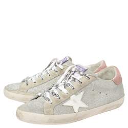 Pre Owned Golden Goose Silver/White Glitter And Suede SuperStar Sneakers Size 41