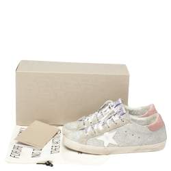 Pre Owned Golden Goose Silver/White Glitter And Suede SuperStar Sneakers Size 41