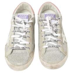 Pre Owned Golden Goose Silver/White Glitter And Suede SuperStar Sneakers Size 41