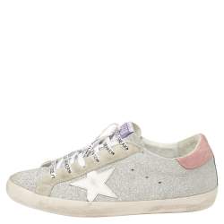 Pre Owned Golden Goose Silver/White Glitter And Suede SuperStar Sneakers Size 41